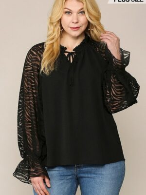 Zebra Burnout Sleeve Ruffled Neck Bubble Crepe Blouse Tops