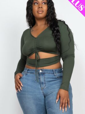 Plus Size Drawstring Ruched Cutout Crop Top Tops