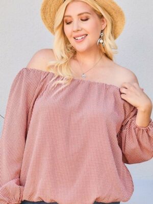 Off Shoulder Long Bubble Sleeve Plaid Top Tops