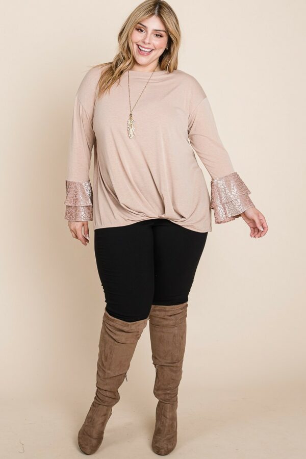 Plus Size Two Tier Velvet Animal Mesh Sleeves Solid Knit Top Tops