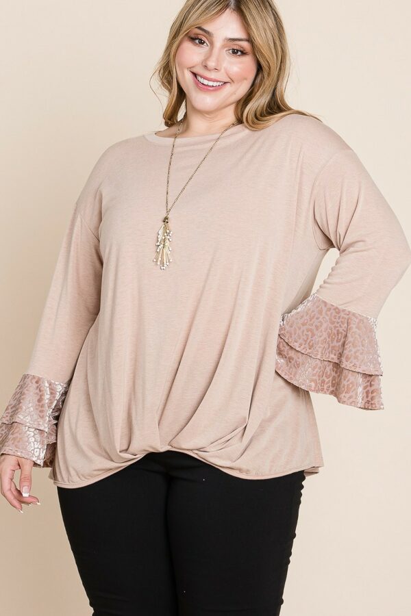 Plus Size Two Tier Velvet Animal Mesh Sleeves Solid Knit Top Tops