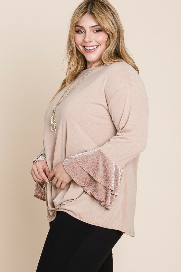 Plus Size Two Tier Velvet Animal Mesh Sleeves Solid Knit Top Tops