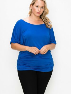 Short Sleeve Top Featuring A Round Neck And Ruched Sides Tops