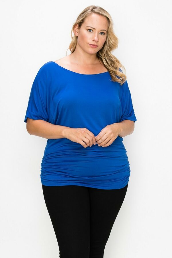 Short Sleeve Top Featuring A Round Neck And Ruched Sides Tops