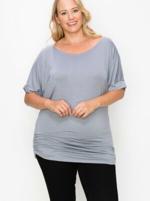 Short Sleeve Top Featuring A Round Neck And Ruched Sides Tops