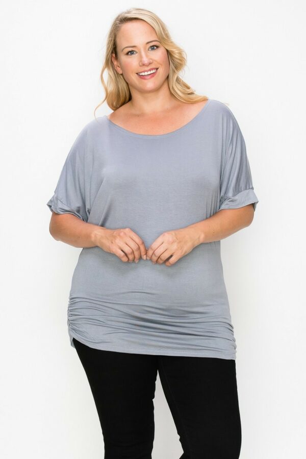 Short Sleeve Top Featuring A Round Neck And Ruched Sides Tops