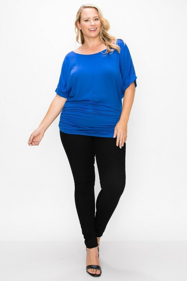 Short Sleeve Top Featuring A Round Neck And Ruched Sides Tops