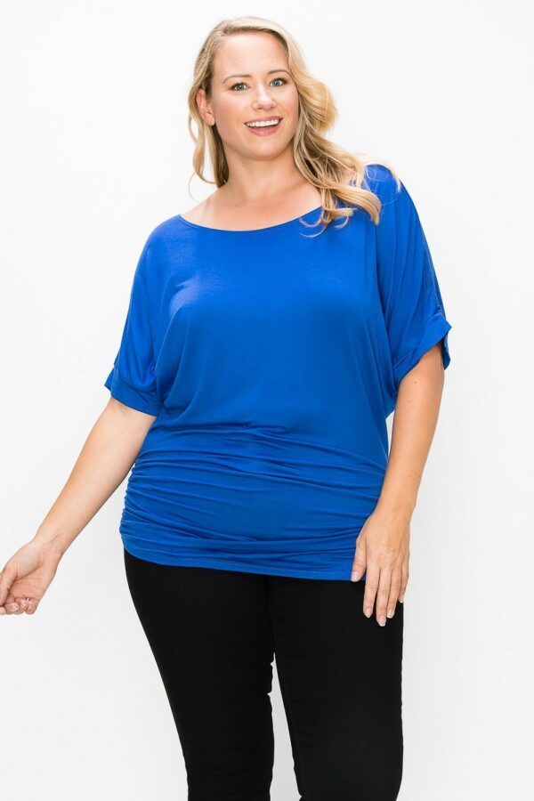 Short Sleeve Top Featuring A Round Neck And Ruched Sides Tops