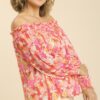 Sheer Floral Print Metallic Threading Long Sleeve Off Shoulder Top With High… Tops