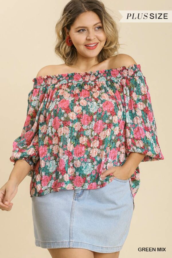 Sheer Floral Print Metallic Threading Long Sleeve Off Shoulder Top With High… Tops