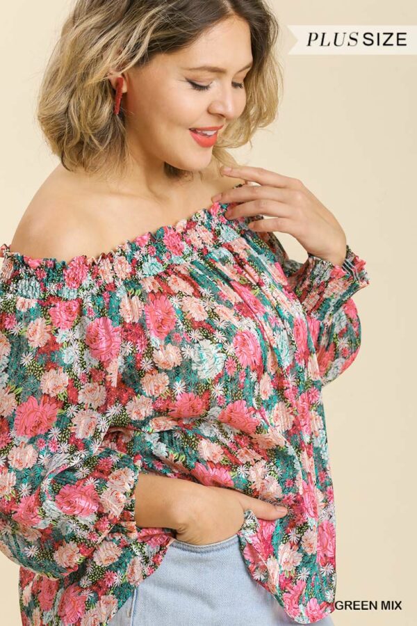 Sheer Floral Print Metallic Threading Long Sleeve Off Shoulder Top With High… Tops