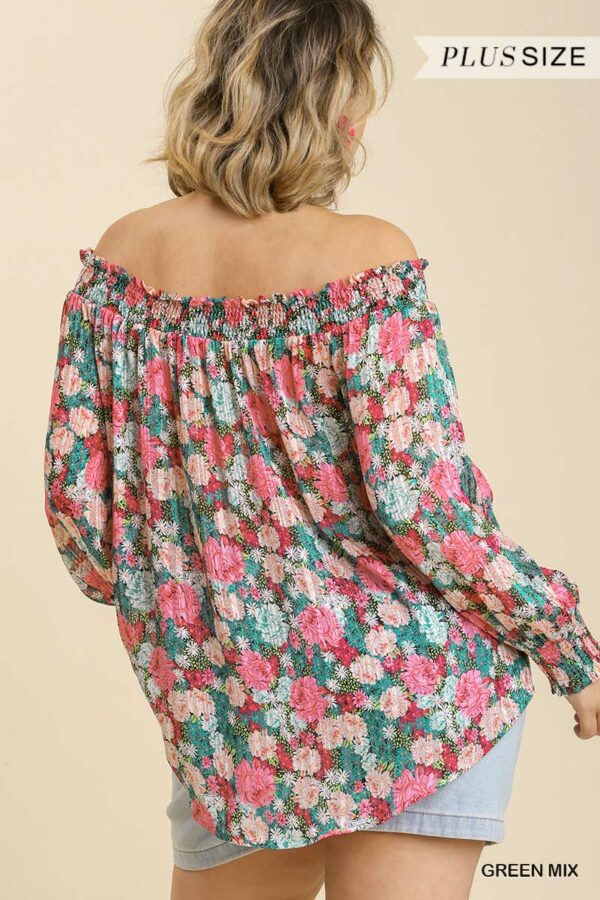 Sheer Floral Print Metallic Threading Long Sleeve Off Shoulder Top With High… Tops