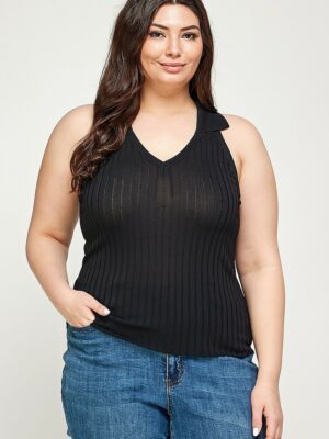 Plus Size, Solid Ribbed Knit Polo Sleeveless Top Tops