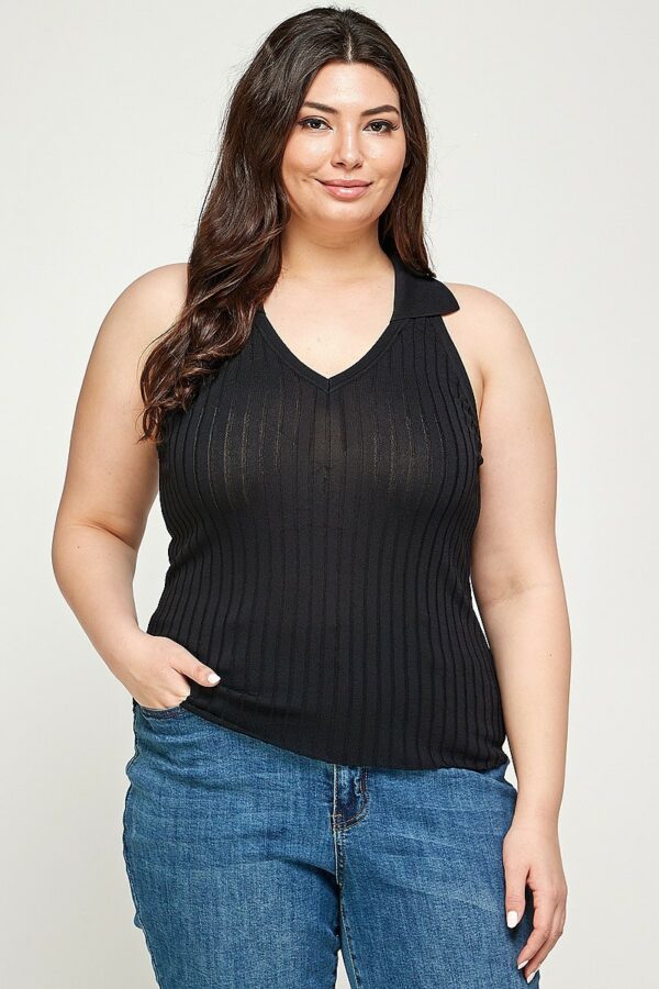 Plus Size, Solid Ribbed Knit Polo Sleeveless Top Tops