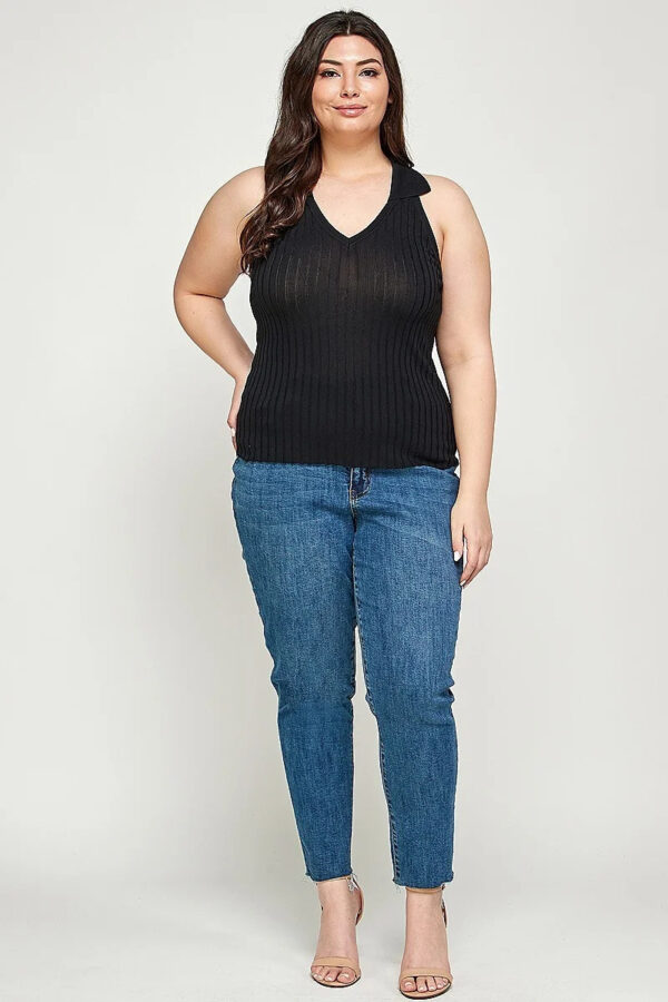 Plus Size, Solid Ribbed Knit Polo Sleeveless Top Tops