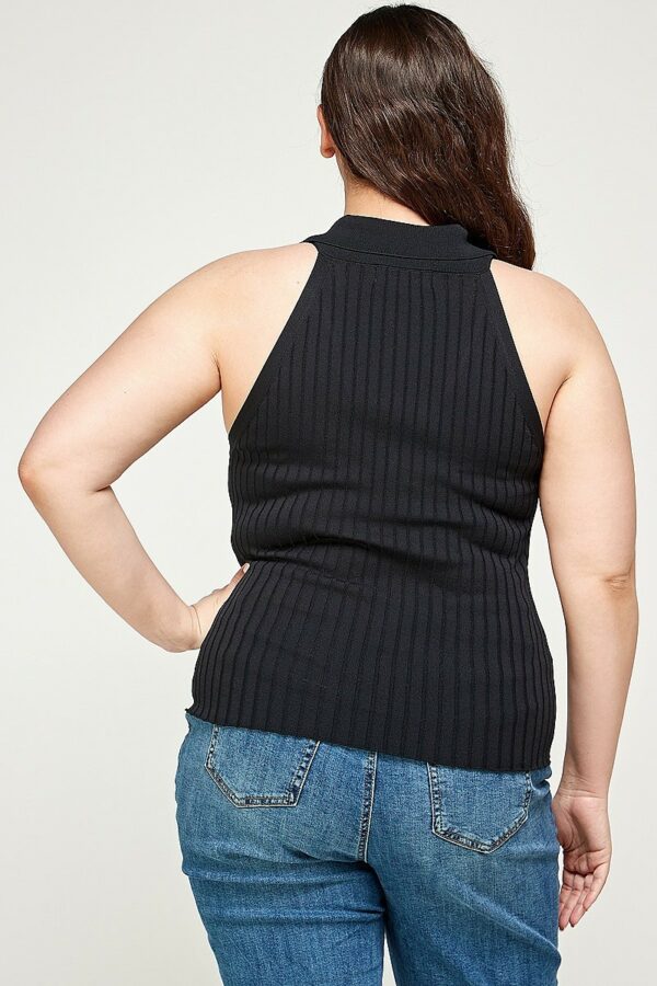 Plus Size, Solid Ribbed Knit Polo Sleeveless Top Tops