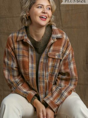 Plaid Collar Button Down Overshirt With Front Pockets Tops