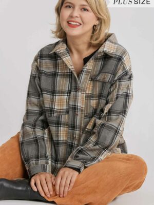 Plaid Collar Button Down Overshirt With Front Pockets Tops