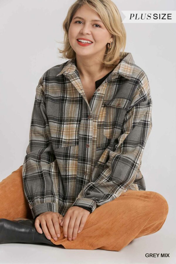 Plaid Collar Button Down Overshirt With Front Pockets Tops