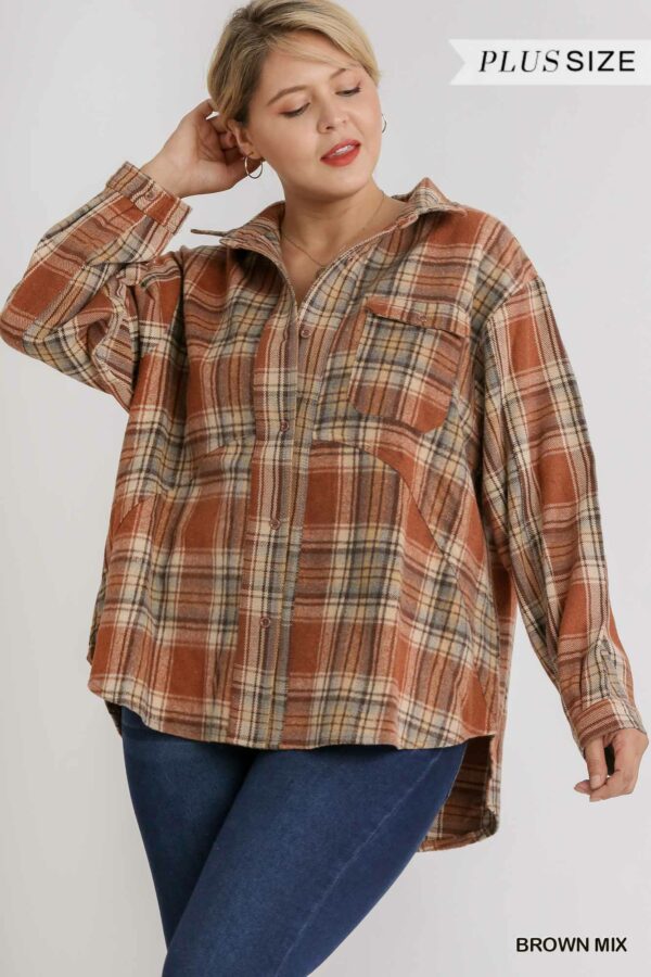 Plaid Collar Button Down Overshirt With Front Pockets Tops