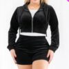 Plus Size Velour Crop Zip Up Hoodie And Shorts Set Basics