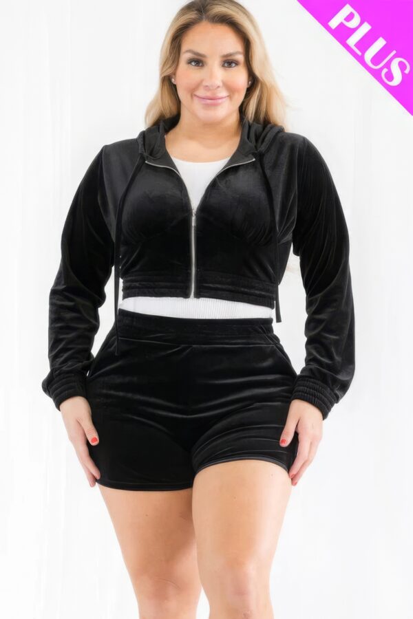 Plus Size Velour Crop Zip Up Hoodie And Shorts Set Basics