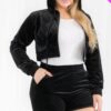 Plus Size Velour Crop Zip Up Hoodie And Shorts Set Basics