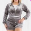 Plus Size Velour Crop Zip Up Hoodie And Shorts Set Basics