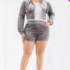 Plus Size Velour Crop Zip Up Hoodie And Shorts Set Basics