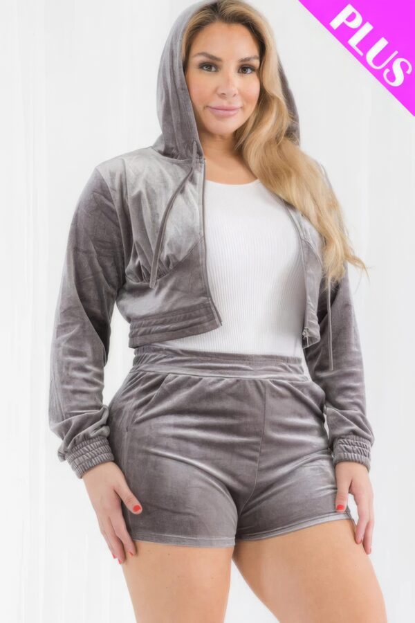 Plus Size Velour Crop Zip Up Hoodie And Shorts Set Basics