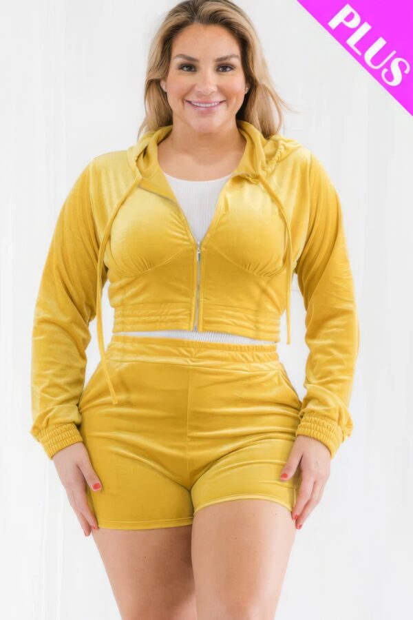 Plus Size Velour Crop Zip Up Hoodie And Shorts Set Basics