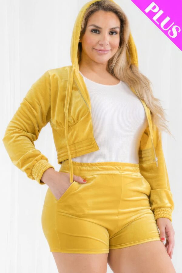 Plus Size Velour Crop Zip Up Hoodie And Shorts Set Basics