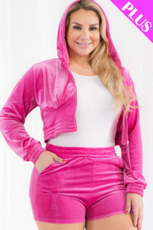 Plus Size Velour Crop Zip Up Hoodie And Shorts Set Basics