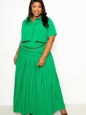 Pleated Cropped Shirt And Maxi Skirt Set Dresses