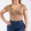 Plus Size Casual Split Neck Solid Short Sleeve Bodysuit Basics