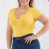 Plus Size Casual Split Neck Solid Short Sleeve Bodysuit Basics