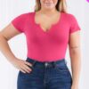 Plus Size Casual Split Neck Solid Short Sleeve Bodysuit Basics