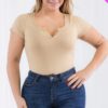 Plus Size Casual Split Neck Solid Short Sleeve Bodysuit Basics