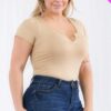 Plus Size Casual Split Neck Solid Short Sleeve Bodysuit Basics