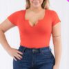 Plus Size Casual Split Neck Solid Short Sleeve Bodysuit Basics