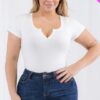 Plus Size Casual Split Neck Solid Short Sleeve Bodysuit Basics