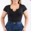 Plus Size Casual Split Neck Solid Short Sleeve Bodysuit Basics