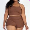 Plus Size Ribbed Cami Crop Top & Ruched Shorts Set Basics