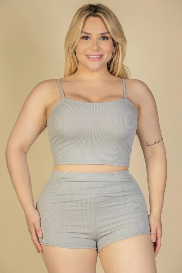 Plus Size Ribbed Cami Crop Top & Ruched Shorts Set Basics