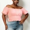 Plus size casual ruched puff sleeve ribbed knit solid top Tops