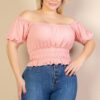 Plus size casual ruched puff sleeve ribbed knit solid top Tops