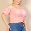 Plus size casual ruched puff sleeve ribbed knit solid top Tops