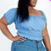 Plus size casual ruched puff sleeve ribbed knit solid top Tops