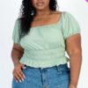 Plus size casual ruched puff sleeve ribbed knit solid top Tops