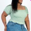 Plus size casual ruched puff sleeve ribbed knit solid top Tops